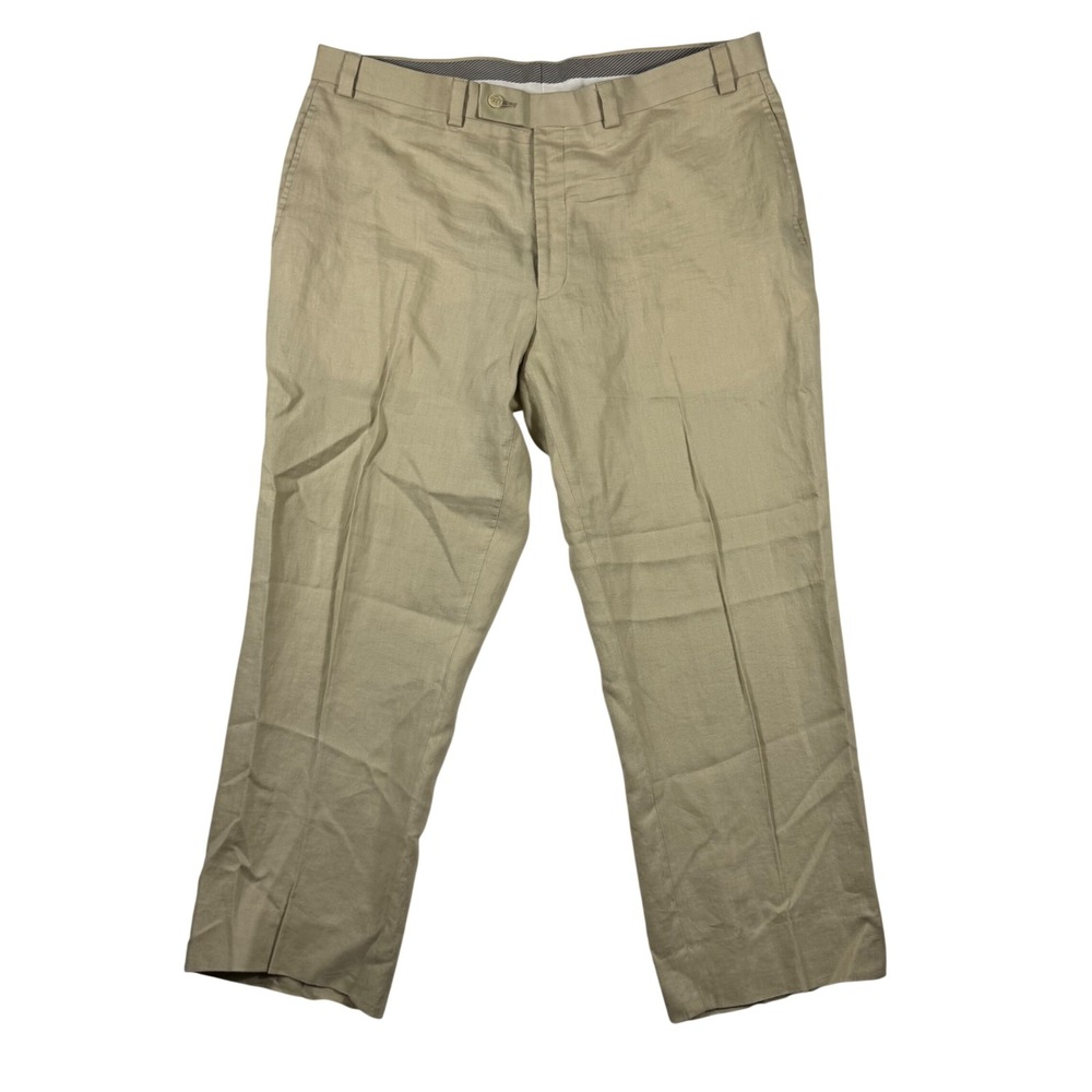 Calvin Klein Mens Tan Linen Dress Pants Flat Front Khaki Trousers 40x28